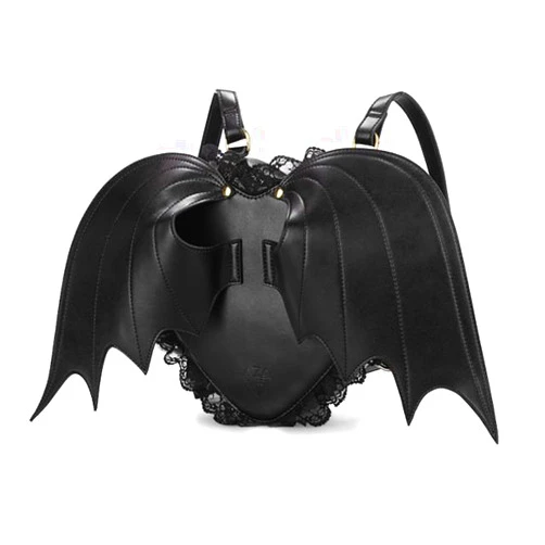 NEEVAS Fashion Girl Gothic Black Bat Heart Wings Backpack Goth Punk Lace Wing Bag