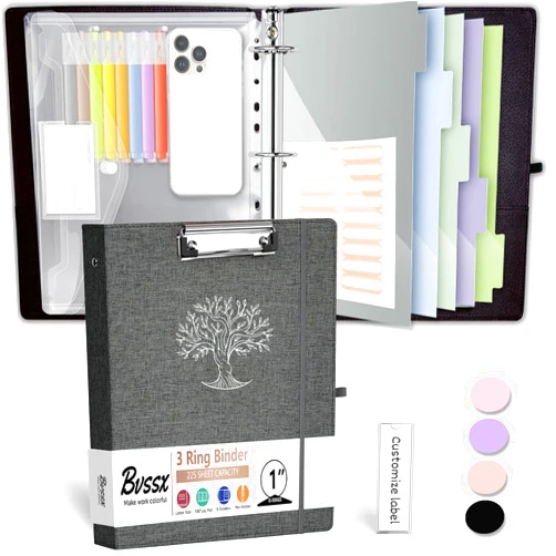 BVSSX 3 Ring Binder, 1 Inch Three Ring Linen Leather Binder Organizer with Clipboard for Letter Size Paper, Transparent Folder, 5-Tabs Dividers, File Folder Labels, Pen Loop, Elastic Strap (Dark Grey)