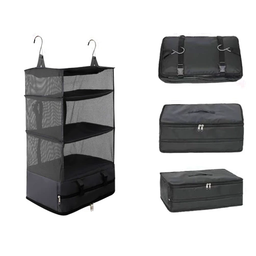 Lunhaifi Triple Organizer Hanging Bag,Portable Hanging Travel Shelves, Packing Cubes for Travel, Multifunctional Large Capacity Hanging Packing Cubes Storage Bag with 2 Hooks (Black,L)