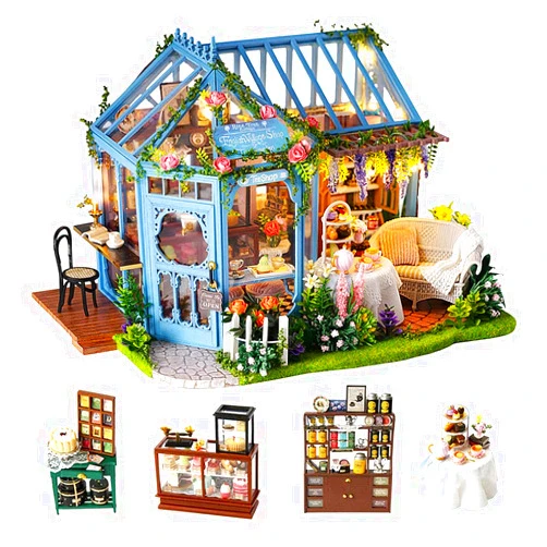 TuKIIE DIY Miniature Dollhouse Furniture Kit, 1:24 Scale Creative Room Wooden Doll House Accessories Plus Dust Proof & Music Movement for Kids Teens Adults(Rose Garden Tea House)