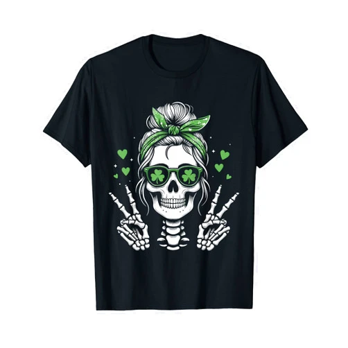 Shenanigans St Patricks Day Shirt Women Design Co St Patricks Day Skull Messy Bun Peace Women St. Pattys Day T-Shirt