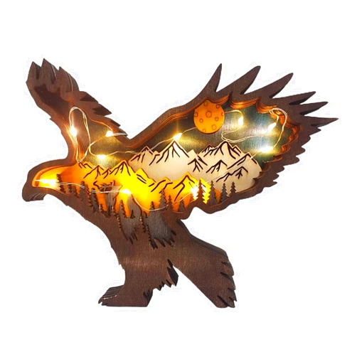 ZOENKA Eagle Animal Wood Carving Home Ornament LED Wall Art Multi-Layer Woodland Silhouette Decorate for Shelf Table