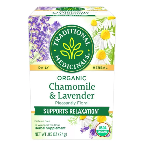 Traditional Medicinals Organic, Chamomile & Lavender - Chamomile Tea Supporting Stress Relief and Relaxation - Kosher, Non-GMO, Caffeine-Free, Compostable - 16 Tea Bags