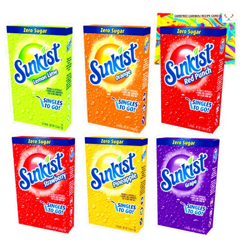 Carefree Caribou Sunkist Singles To Go Drink Mix Bundle With Gummy Bears Recipe Card from Carefree Caribou. Includes One Box (6 Sticks) of Each Flavor: Orange, Strawberry, Grape, Red Punch, Lemon Lime & Pineapple!