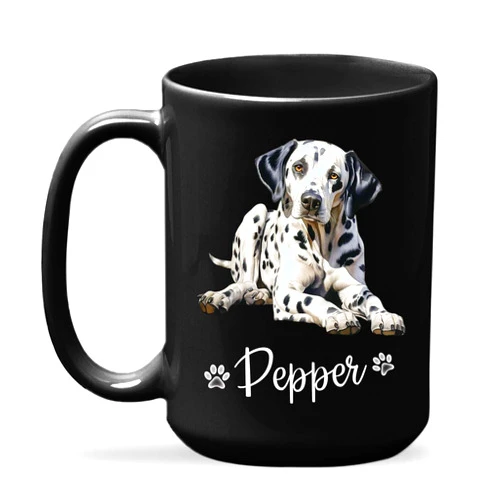 LASNECK Dalmatian Dog Lover Black Mug, Custom Name Dog Ceramic Cup, Gift For Pet Owners, Customized Dalmatian Dog Coffee Mug, Personalized Dog Themed Cup 11oz 15oz, Dalmatian Dog Decorative Mug