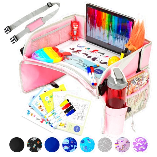 PILLANI Kids Travel Tray for Car - Car Seat Tray for Kids Travel, Road Trip Must Haves, Car Trays for Kids Roadtrip Essentials, Carseat Table Tray for Kids Road Trip Activities - Toddler Lap Desk Pink