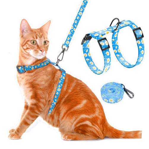 Seyezo Cat Harness and Leash Set, Adjustable Kitten Harness Escape Proof Cats Harness, Soft Lightweight Walking Travel Pet Harness, Cute Kitty Harness Leash Set for Small Medium Cats, Blue Daisy