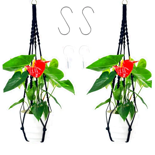 JINRUCHE Macrame Plant Hangers, 43 Inch Woven Rope Hangering Plant Basket Holder Boho Decro with 2 S Hooks and 2 Ceiling Hooks for Indoor Outdoor and Home (Black, 2 Pack)