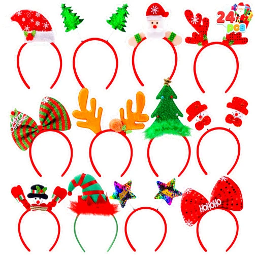 JOYIN 24 Pcs Christmas Headbands with 12 Designs, Classic Christmas Themed Headpiece, Reindeer Tree Snowman Elf Headwear, Xmas Hair Accessory for Adult Women Girl Kids Party Favor Photo Props