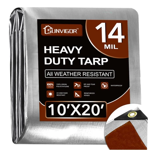 Sunvigor Tarp Waterproof 10x20Ft, Heavy Duty Tarp Cover Extra Thick 14 Mil Tear and UV Resistant, Outdoor Tarps with Grommets and Reinforced Edges for Roof, Camping, Patio, Pool, Boat
