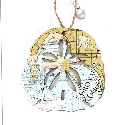 MapMom Ornament |Coronado, CA Sand Dollar Map Ornament| 4” Wood Hanging Map Ornament with Artwork & Pearl Charm | Perfect for Wine Bottles, Gift Bags, or Christmas Tree | Unique Gift for any Occasion