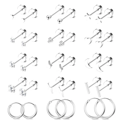 Jstyle Hypoallergenic Surgical Steel Earrings for Sensitive Ears 14K Gold Flat Back Stud Earrings for Women Men Small Stainless Steel Stud Hoop Screw Back Cartilage Earring Set for Multiple Piercing