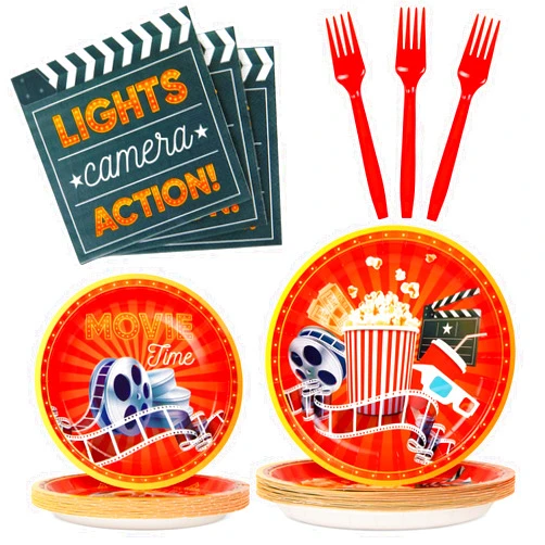 DECORLIFE Movie Night Supplies Serves 24, Movie Party Plates and Napkins, Disposable Tableware Set for Movie Theme Party Decorations, Total 96 PCS