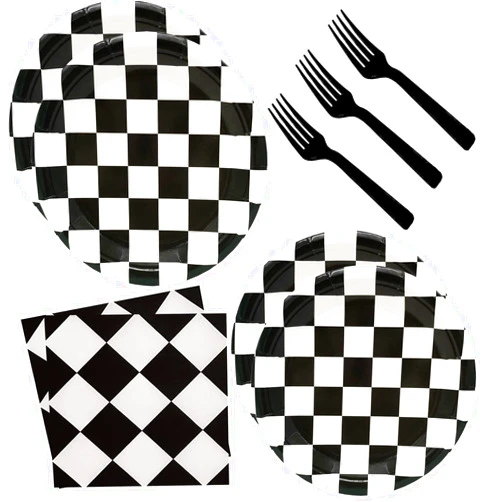 HSPAIDYP 60Pcs Black and White Checkered Race Car Party Supplies,Racing Themed Tableware Set 7