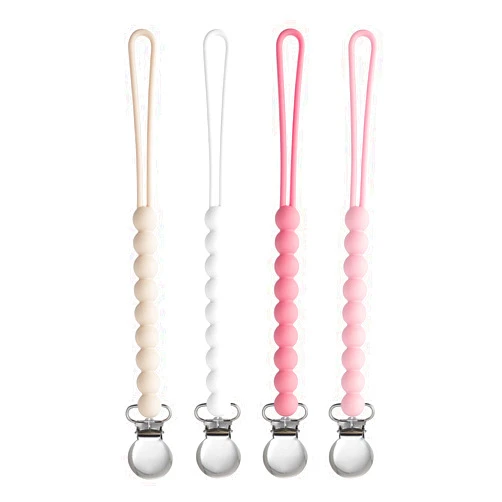 MORIBOX Pacifier Clip for Boys Girls - MORIBOX 4 Pack Paci Clip Soothie Baby Binky Holder for Shower Gift Birthday (Beige+White+Pink+Dpink)