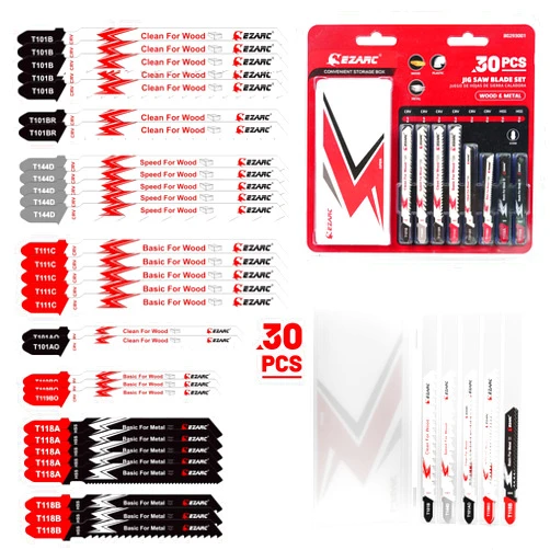 EZARC Jigsaw Blades Set 30pcs with Storage Case, Assorted T-Shank Replacement Jig Saw Blades for Cutting Wood, Plastic and Metal