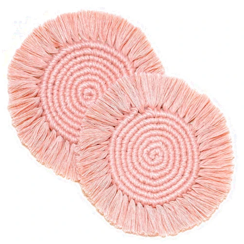 RIDODO 2 Pack Macrame Boho Pink Coasters for Drinks,Super Absorbent Drink Coasters, Stylish Handmade Round Woven Coasters for Coffee Table Tabletop Protection Housewarming Gift Home Decor - 7.4 Inches