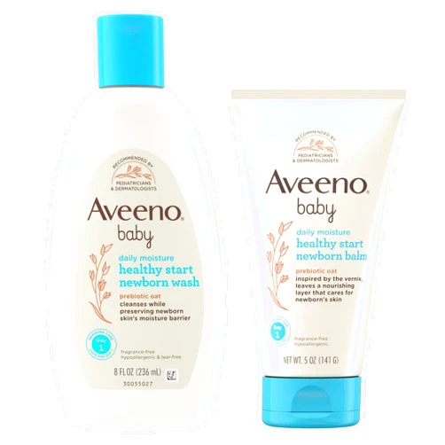 Aveeno Baby Bundle of Aveeno Baby Healthy Start Newborn Wash, Hypoallergenic Baby Body Wash with Prebiotic Oat, Fragrance-Free, 8 fl. oz + Newborn Balm, Baby Skin Balm with Prebiotic Oat , Fragrance-Free, 5 oz
