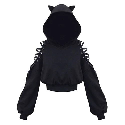 Tuduoms Teen Girls Trendy Gothic Hoodies Cat Ear Crop Top Casual Punk Long Sleeve Hooded Sweatshirt Plus Size Tops for Women