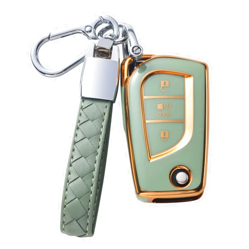 CHEZENHUI for Toyota Key Fob Cover with Leather Lanyard, Car Key Case Shell Protection for Toyota Avalon Camry Corolla RAV4 Sequoia Highlander 3 Buttons Smart Remote Control Protector,Green