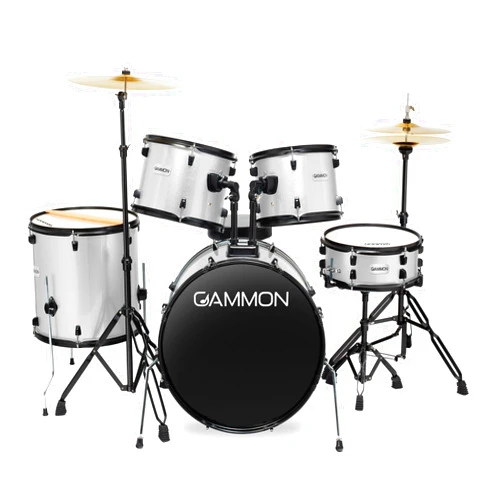 Gammon Percussion Full Size Complete Adult 5-Piece Drum Set with Cymbals, Stands, Stool, and Sticks - Silver
