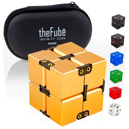 PILPOC theFube Infinity Cube Fidget Desk Toy - Aluminum Infinite Magic Cube with Case, Sturdy, Heavy, Relieve Stress and Anxiety, for ADD, ADHD, OCD (Gold)