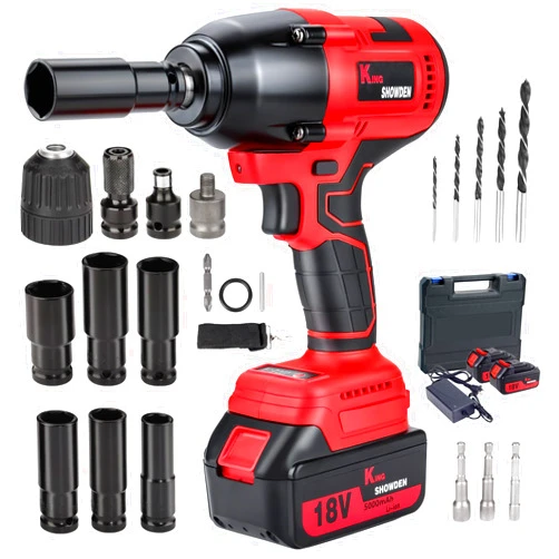 BDJHMP Cordless Brushless Impact Wrench, Multifunction Impact Gun Power Wrench for Home Car Mower, 18V 1500Nm Torque 3200RPM 1/2 Inch 6 Sockets LED Light 2 x 5.0Ah 5000mAh Batteries Fast Charger