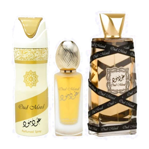 Lattafa Oud Mood 3 pcs Gift Set with 100 ml EDP, 200 ml Deo, and 50 ml Hair Mist