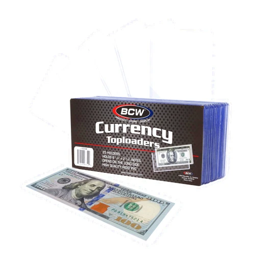 BCW Currency Topload Holder - Pack of 25 | Clear Rigid PVC Protective Sleeve for Standard US Dollar Bills | Archival Safe, Scratch-Resistant Display Toploader for Paper Currency Collectors
