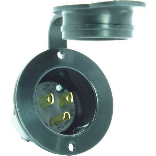 Journeyman-Pro 5278 15 Amp 125 Volt, Flanged Inlet, Black Commercial Grade, 2 Pole-3 Wire, Straight Blade, Nema 5-15 (with Cover/Cap)