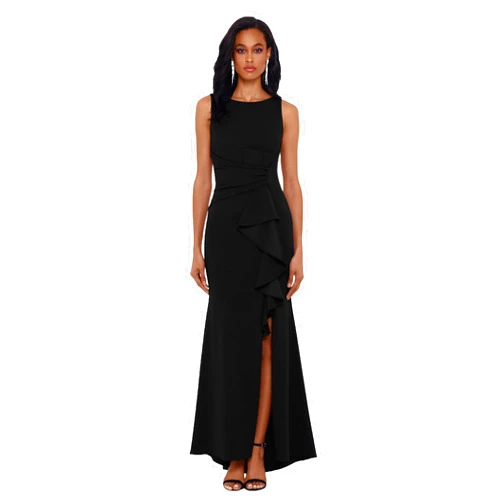 Betsy & Adam Women's Long Sleeveless Boat Neck Ruffle Side Slit Scuba Crepe Gown