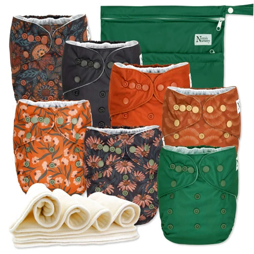 Nora's Nursery Cloth Diapers 7 Pack with 7 Inserts & 1 Wet Bag - Waterproof Cover, Washable, Reusable & One Size Adjustable Pocket Diapers for Newborns and Toddlers - Dahlia