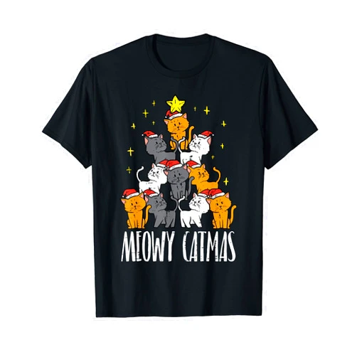 Christmas Shirts Xmas Pajamas Men Women Kids Gift Meowy Catmas Cat Christmas Tree Xmas Pajamas PJs Women Girls T-Shirt