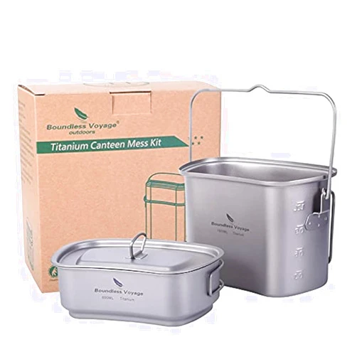 Boundless Voyage Titanium Military Lunch Box Outdoor Mess kit Camping Pot Pan with Lid & Folding Handles Ultralight Portable Cookware Hiking Picnic Backpacking Travel Cooking Kit for 1 People Ti2059C
