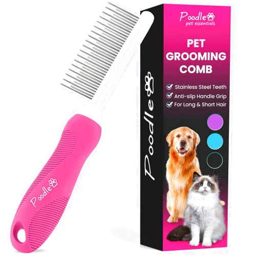POODLIE Poodle Pet Detangling Pet Comb with Long & Short Stainless Steel Teeth for Removing Matted Fur, Knots & Tangles – Detangler Tool Accessories for Safe & Gentle DIY Dog & Cat Grooming (Pink)