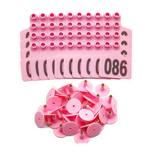 Achicklead 100PCS Cattle Ear Tags Numbered 001-100, Plastic Livestock Animal Ear Tag for Cows Goats Sheep Pigs Animal Identification Earring Tagger (Pink)