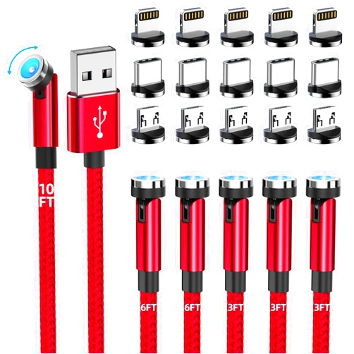 Ankndo Magnetic Charging Cable, 540° Rotating Magnetic Phone Charger [6-Pack, 3ft/3ft/3ft/6ft/6ft/10ft] 3 in 1 Magnetic Charger Cable Nylon Braided Magnetic USB Cable for iProduct/Micro USB/Type C Device-Red