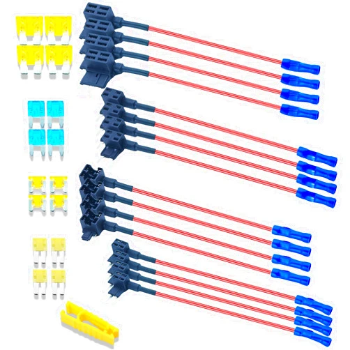Shyosis 16 PACK 4 Types Car Add-a-Circuit Fuse Tap, Standard Mini Micro 2 and Low Profile 12V Fuse Taps Kit & Holder, Car Fuses Adapters for Cars Trucks Boats - Mini Fuse Kit