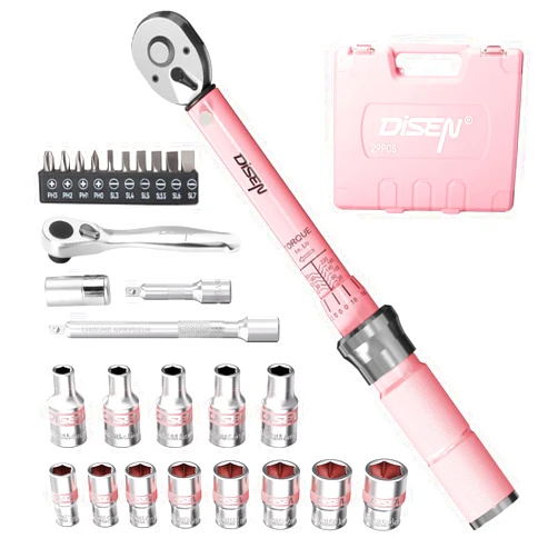 DISEN 28 PCS Bike Torque Wrench Set 1/4 Drive, 72-Tooth Precision Torque Ratchet Wrench 20-220 In.lbs/2-24Nm, Dual-Direction Click Type Wrench with Bit Sockets Kit, Customized Pink Gift Tool Box