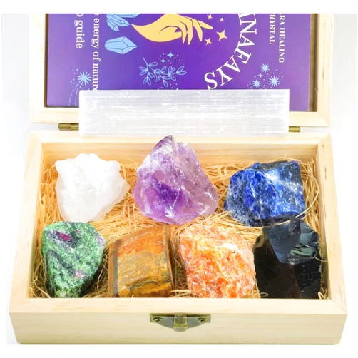 Atminafays Crystals and Healing Stones in Wooden Gift Box+ Velvet Pouch +Info Guide, 1 pcs Amethyst Cluster,8pcs Raw Healing Chakra Stones for Yoga, Meditation,