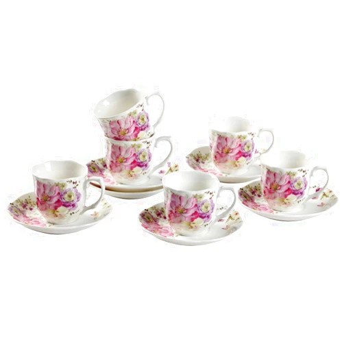 GuangYang GY 12 PCS Tea Set - 7oz New Bone China tea Cups and Saucers with Pink Flower Pattern Porcelain Cups for Mocha Cappuccino Tea and coffee