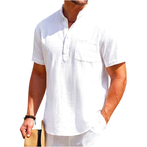 COOFANDY Men's Cotton Linen Henley Shirt Short Sleeve Hippie Casual Beach T-Shirts with Pocket