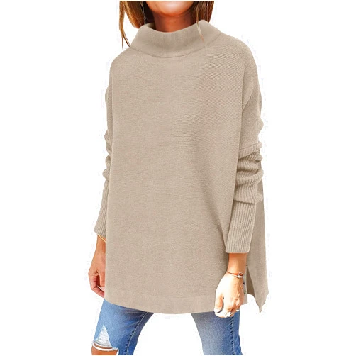 ANRABESS Women's Turtleneck Oversized Long Batwing Sleeve High Low Spilt Hem Knit Pullover Sweater Tops