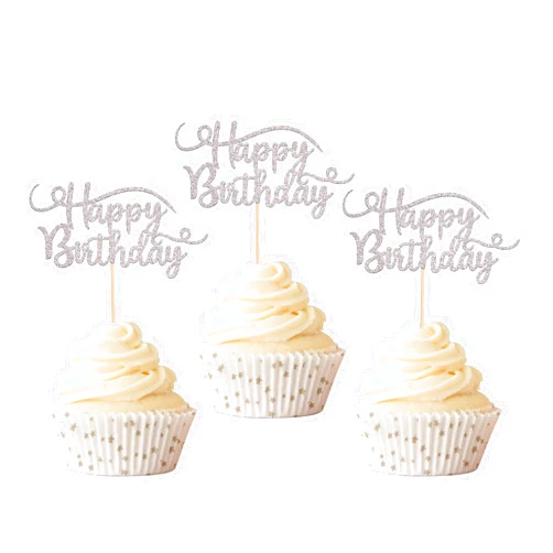 Rsstarxi 24 Pack Happy Birthday Cupcake Toppers Glitter Birthday Cupcake Food Picks for Celebrating Happy Birthday Party Cake Decorations Supplies Silver
