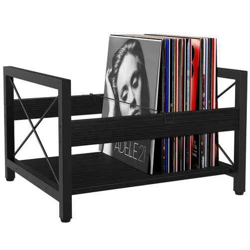 ELITEROO Vinyl Record Holder, Wooden Record Crate Fits 7” -12” Records, Vinyl Shelf Holds up to 50-100 Albums, DVDs, CDs or Files Wood Book Storage Stand Desktop Organizer Box (Black)