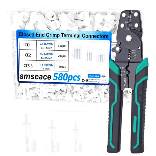 smseace 580pcs 3-Values Closed End Crimp Terminal with Wire Stripper Crimping tool 22-16/16-14/12-10AWG Wire End Caps Closed End Wire Connectors