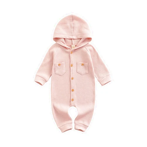 Ynibbim Winter Newborn Baby Boy Girl Solid Romper Unisex Infants Hooded Outfit Clothes Waffle Cotton Button Jumpsuits