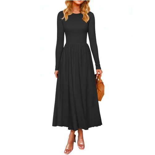 OQQ Women's Long Sleeve Mixi Dress Ribbed Crew Neck Going Out Casual Long Dresses
