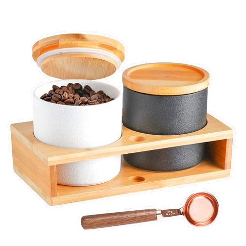 Uncle Paul Coffee Containers with Shelf & Scoop - 2 x 17.9OZ(530 ML) Ceramic Airtight Coffee Bean Storage Container Food Storage Jar with Wood Lid for Loose Leaf Tea/Nuts/Snack/Sugar in Kitchen (Black&White)