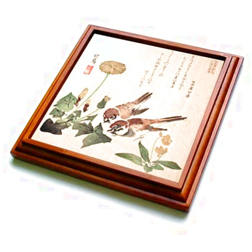 3dRose Japanese Vintage Art Sparrow Birds and Dandelion Flowers Beige Green - Trivets (trv-364633-1)